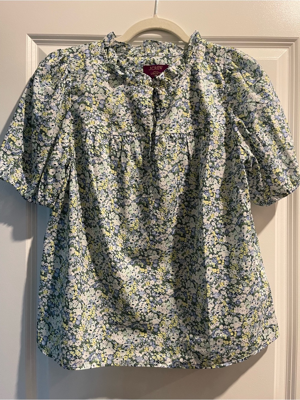 J. Crew Floral Puff-Sleeve Blouse in White, Green, Blue